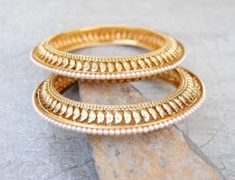 Ornate Floral Gold Kada Bangles with Pearls